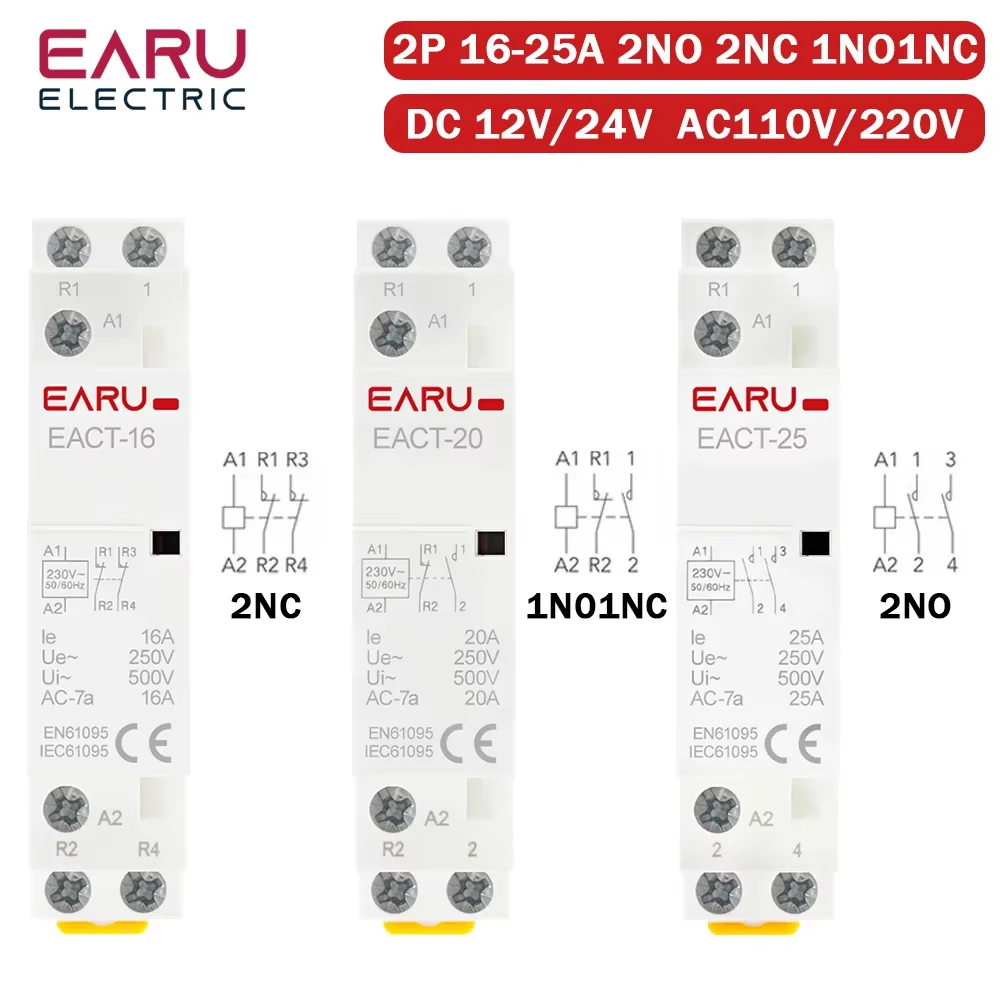 Contator ac modular doméstico montado em trilho din, dc12v 24v ac110v 220v 50/60hz 2p 16a 20a 25a 2no 2nc 1no1nc para casa inteligente