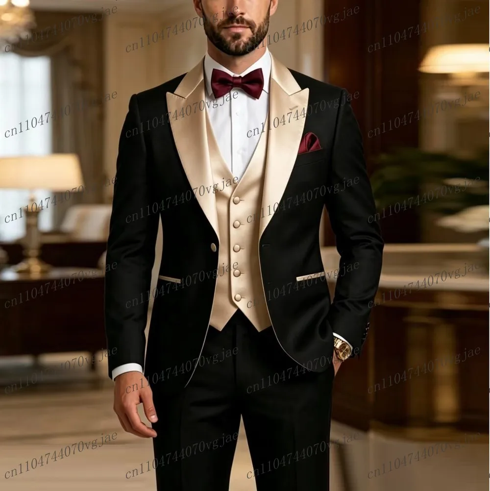 

New Black And Champagne Men Suit Formal Wedding Party Groom Business Male Tuxedos Customized 3 Piece Set Jacket Vest Pants