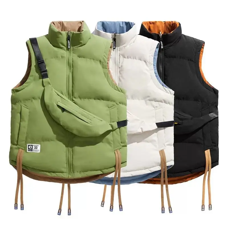 2026 Stand Collar Men Waistcoat Loose Reversible Warm Sleeveless Jacket Green Trendy Male Vest with Bag Cotton Padded Coats