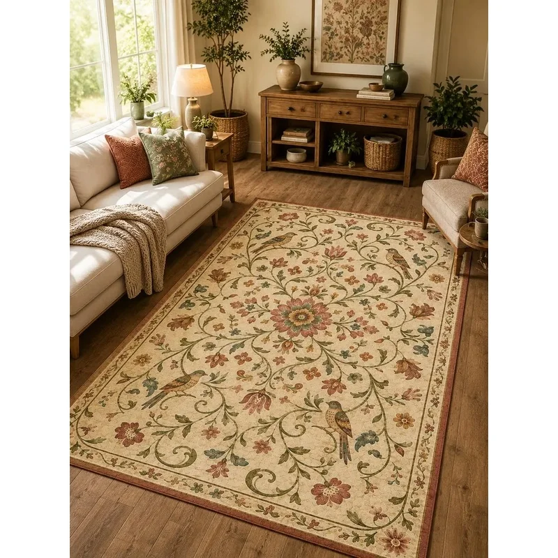 VIKAMA Bohemian Floral Turkish Traditional Rug, Vintage Large Area Rug, Washable Non-Slip Living Room Carpet