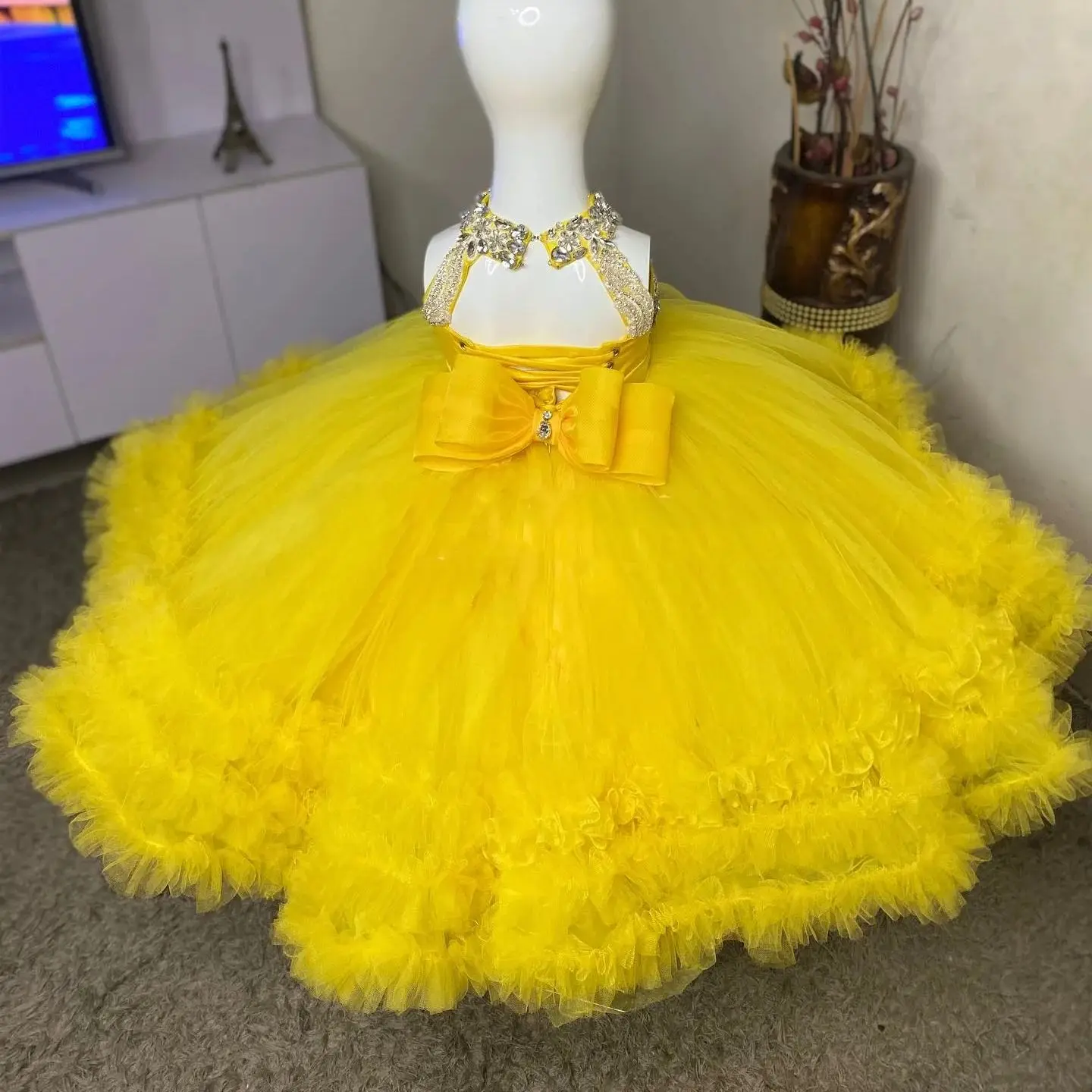 Vestidos amarelos para crianças, vestidos de aniversário personalizados com gola alta e miçangas, vestidos para festa de casamento, bebês, meninas, vestidos de baile