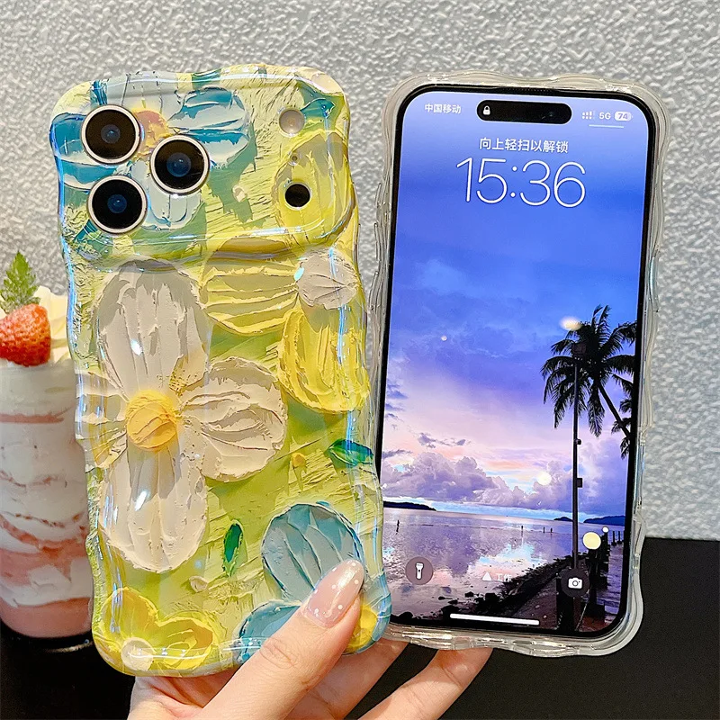 Fashion Oil Painting Flowers Wavy Phone Case For iPhone 17 Air 16 15 14 13 12 11 Pro Max 16Plus Shockproof Protective Soft Cover