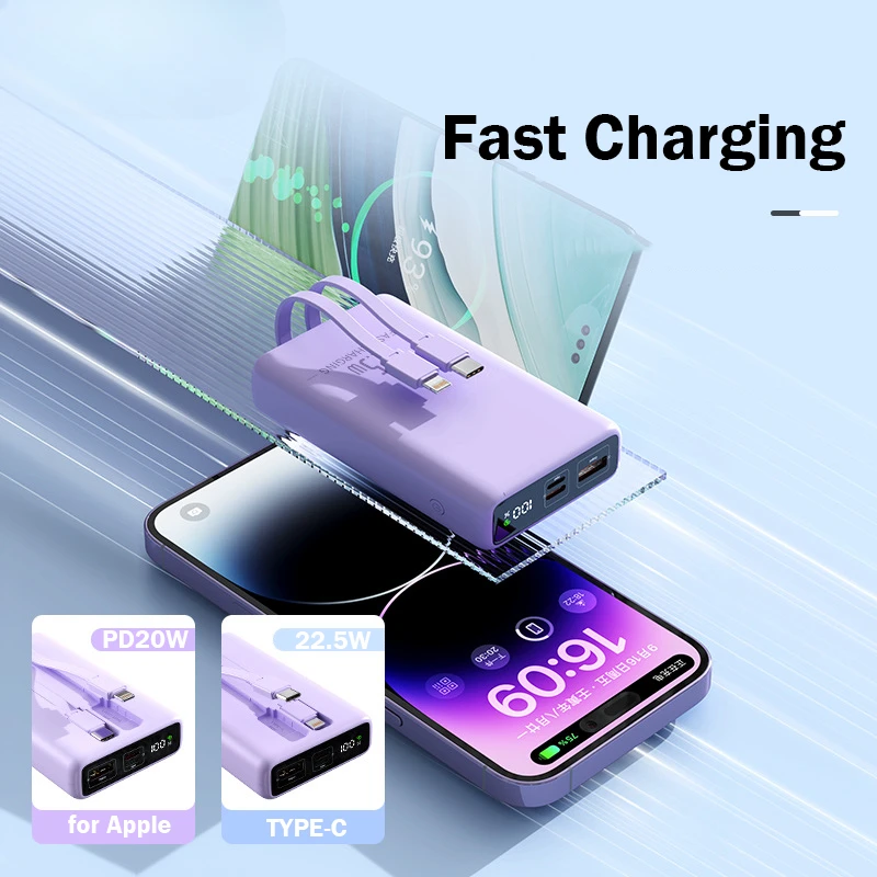 With Cable External Spare Battery Mobile Powerbank For iPhone Xiaomi 10000mAh Power Bank 22.5W Fast Charging Portable Charger
