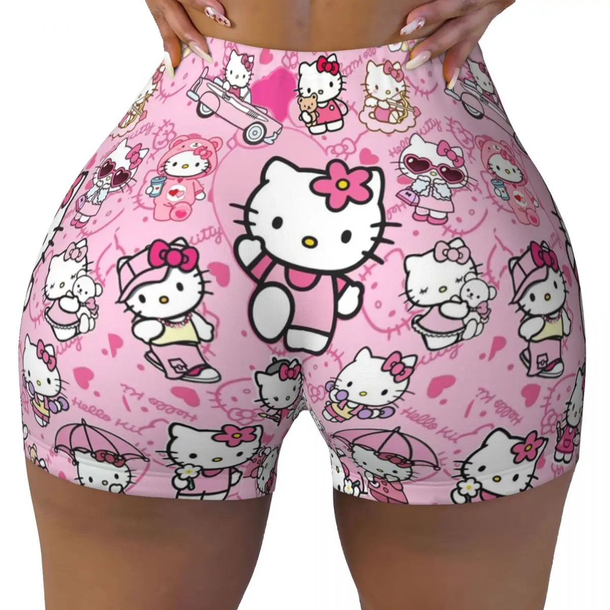 Custom Hello Kitty Cat Anime Cartoon Volleyball Biker Workout Shorts for Women Athletic Gym Yoga Shorts