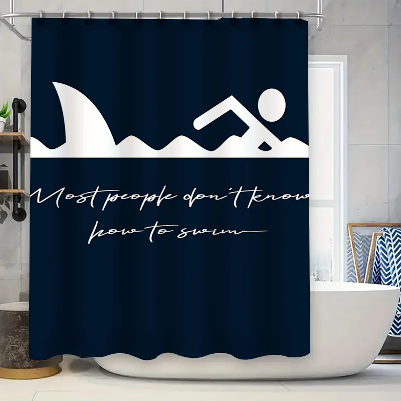 Decoración de piscina, cortina de ducha, aleta de tiburón azul oscuro, señal de seguridad para natación, estera de baño impermeable 3D, decoración del hogar, impresión decorativa