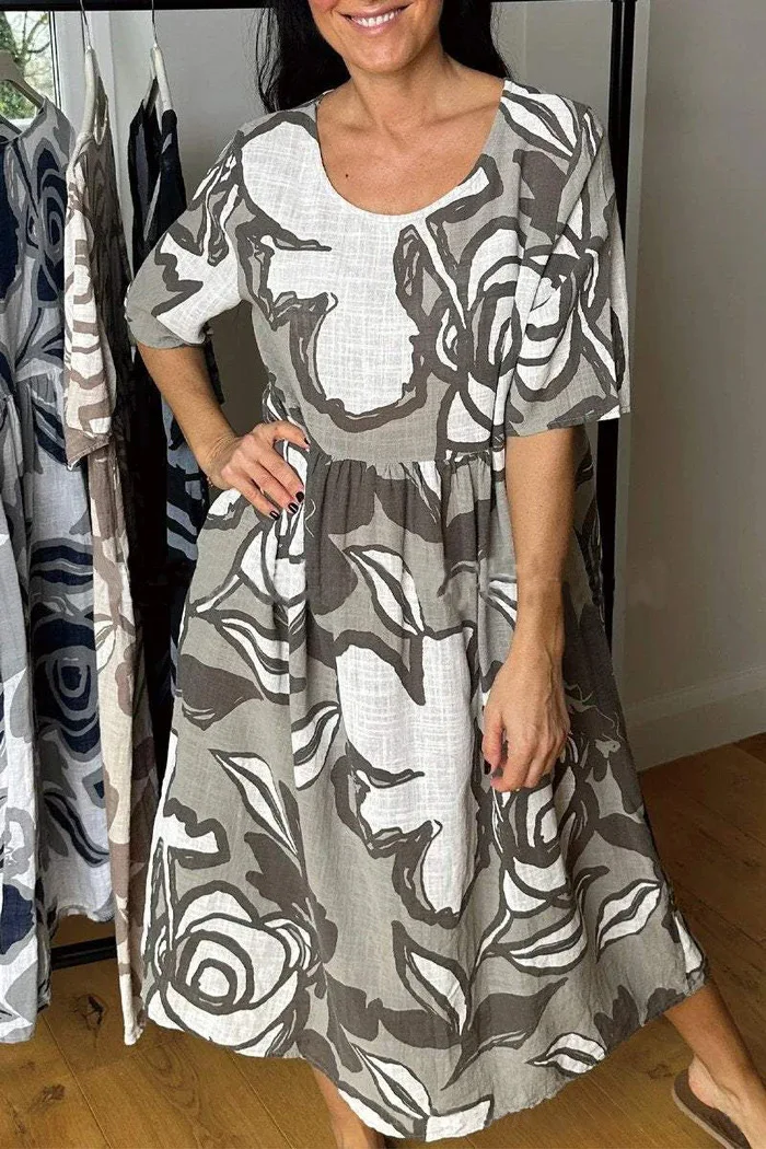 

Casual Flower Print Dress Loose O-neck Half Sleeved A-line Midi Dress Spring Summer Fashion New Commuting Dresses For Women