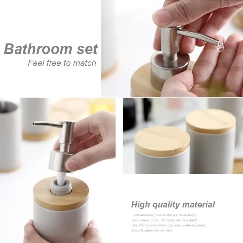 Four Pieces Bathroom Accessories Storage Container Set Including Set Soap Pump Toothbrush Holder Tumbler with Wooden Tray