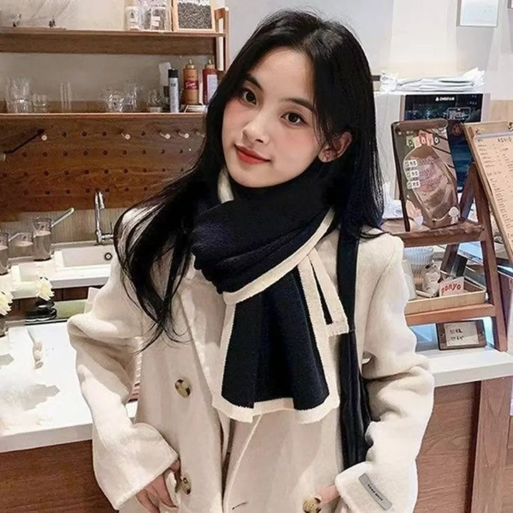 Solid Color Winter Knit Scarf Contrast Edge Casual Style Neck Warmer Warm Soft Material Double-Sided Design Versatile Scarf