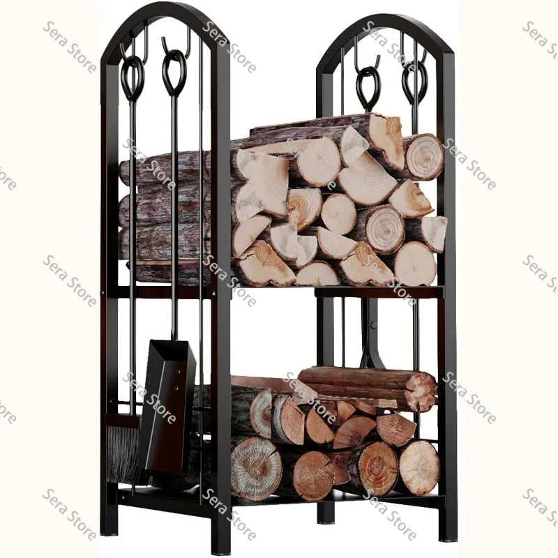 Minimalist Iron Firewood Rack Detachable Indoor Outdoor Log Storage Holder with Fireplace Tool Organizer