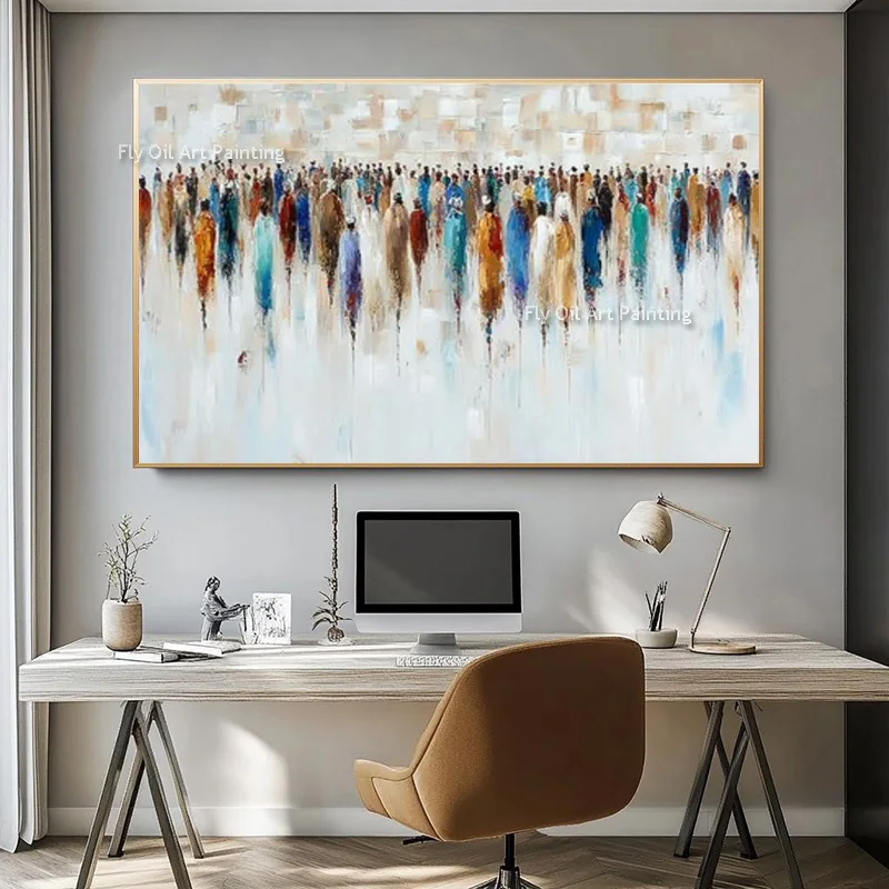 Original New Beige Grey Artwork Colorful People Walking With Umbrella Canvas Wall Art Items For Home Decor Handmade Oil Painting