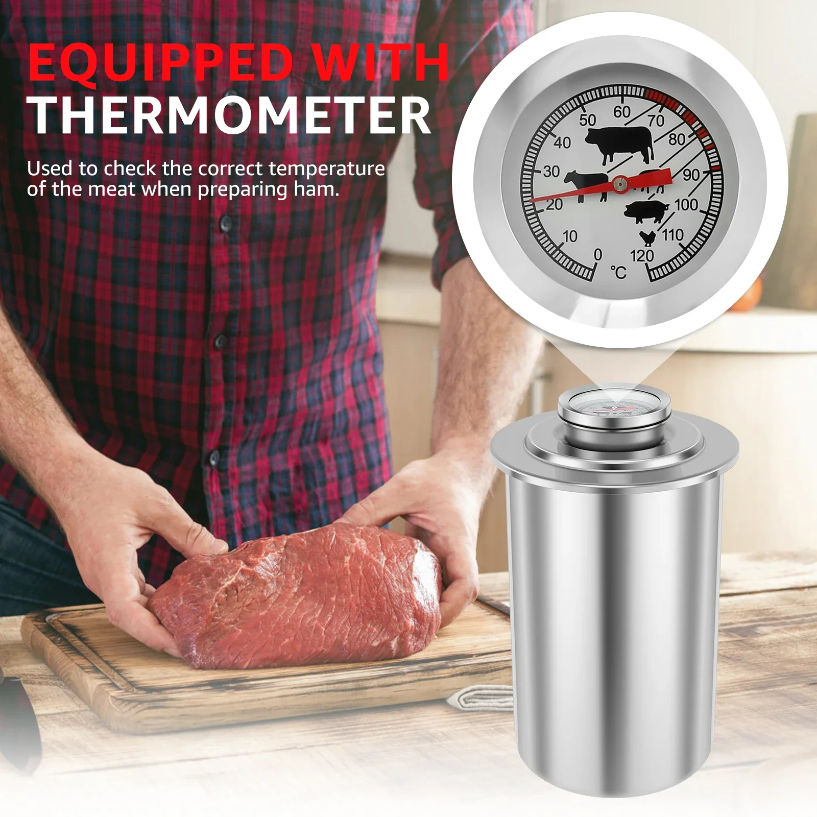 Ham Maker Stainless Steel Meat Press Cooker Large Capacity Ham Press Maker Round Shape Deli Meat Press Mold with Thermometer