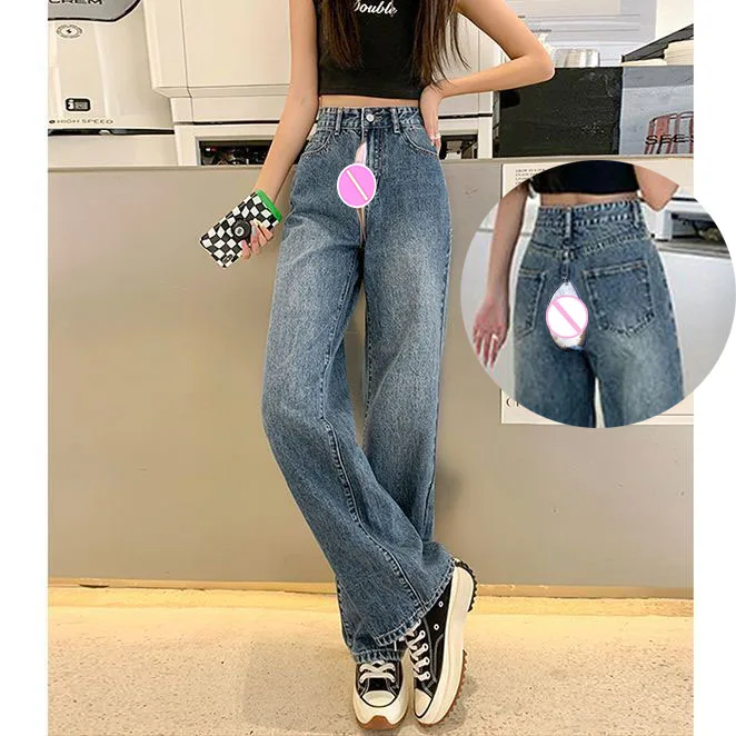 

Invisible Open Crotch Outdoor Sex Pants Boyfriend Jeans High Waist Wide Leg Denim Trousers Women‘s baggy Vintage Mopping Pants