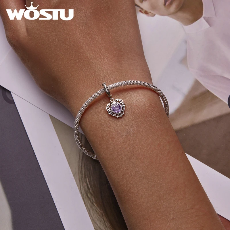 WOSTU-Dreamy Purple Charms Coração para Mulheres, 925 Sterling Silver, Cadeia de Segurança, Espaço Jóias, Beads, Fits Original Pulseira, Pulseira DIY