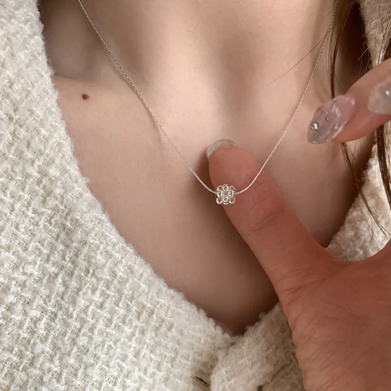 Creative Simple Sterling Silver Three-dimensional Small Ball Pendant Necklace for Woman Collarbone Chain Jewelry Accessory Gifts