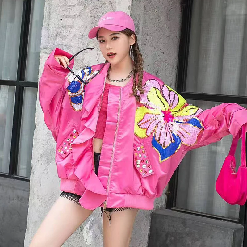 

Spring Women Pink Green Black Casual Baseball Jacket Fashion Sequin Flower Diamond Pocket Stand Collar Long Sleeve Female Coat