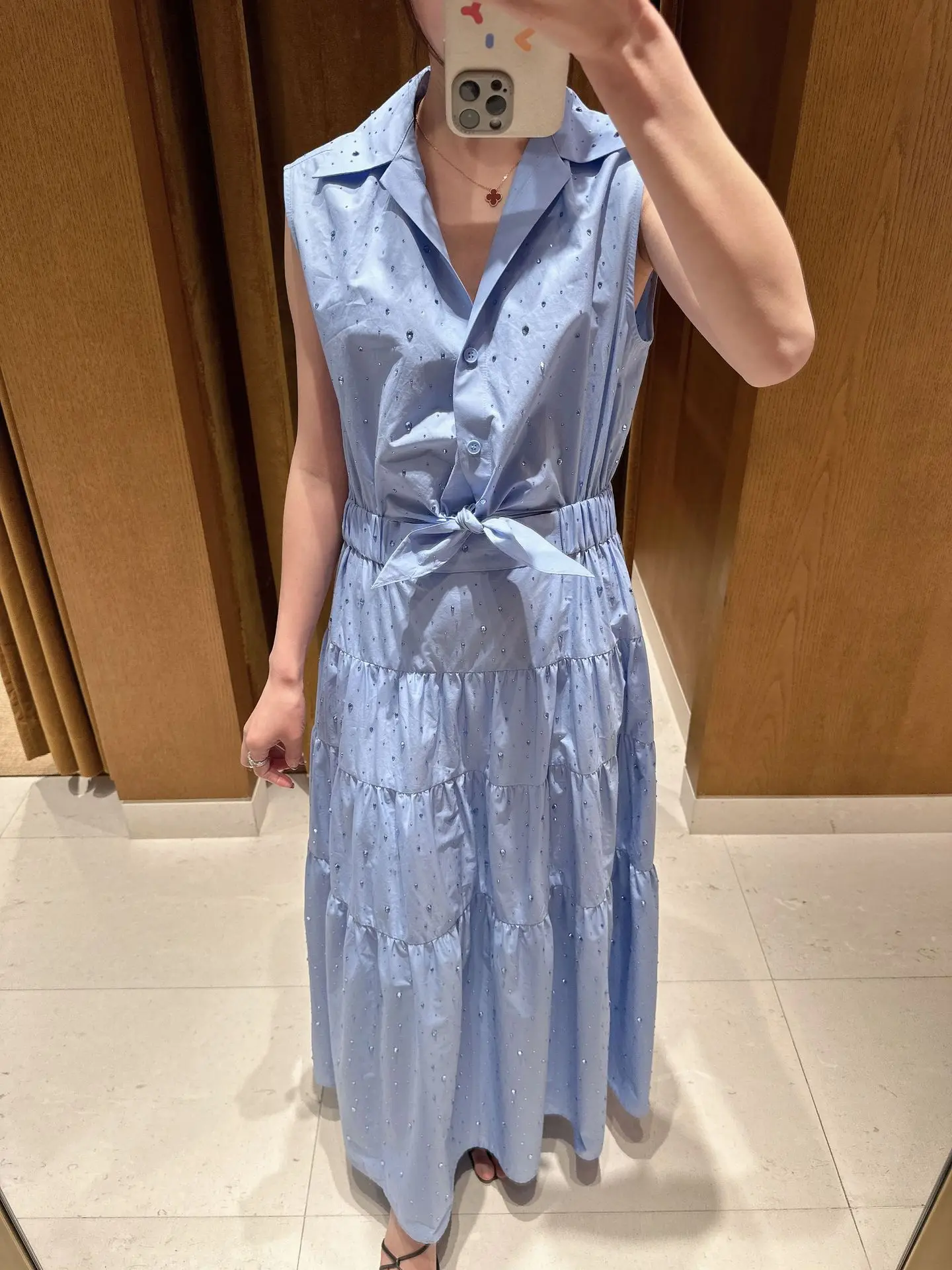 

Women light blue diamond dress lapel sleeveless casual holiday party midi robe