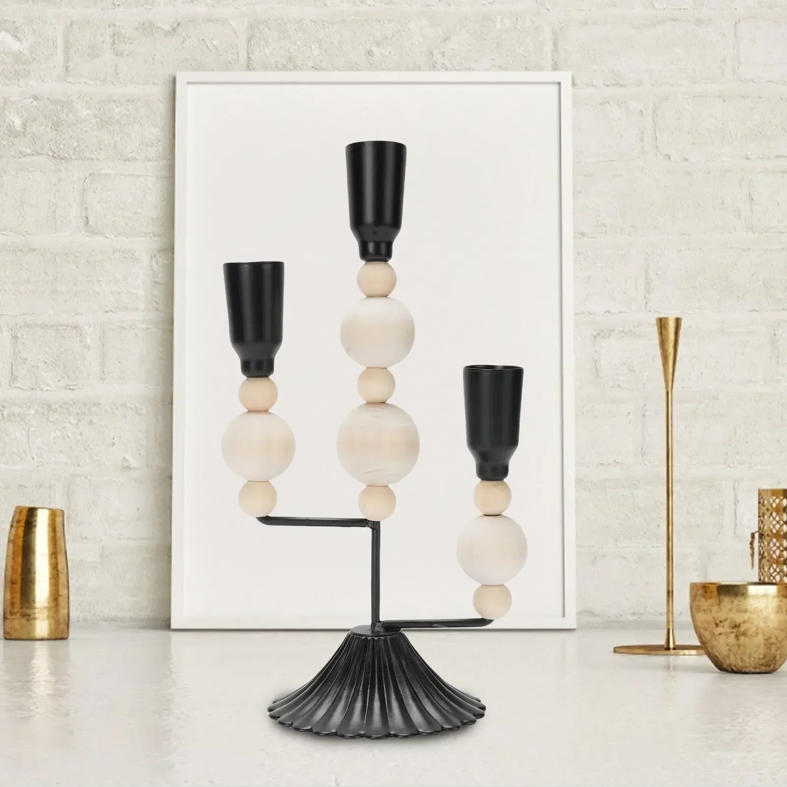 Vintage Candle Holder Iron Beech Material 22cm Height Retro Wooden Bead Design For Candlelight Dinner Wedding Tabletop Decor