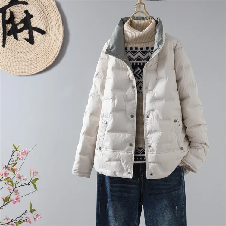 Women's Casual Lightweight White Duck Down Jacket Spring Autumn Winter Stand Collar Long Sleeve Hooded Pocket Solid Color Coat