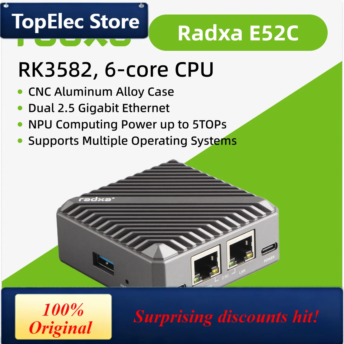 TopElec Radxa E52C, 6-core CPU, Dual 2.5 Gigabit Ethernet, CNC Aluminum Alloy Case, 5TOPs NPU