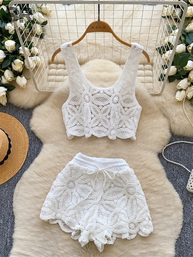 SINGREINY 2026 Knit Vacation Two Piece Sets Women Summer Hook Flower Hollow Cro…