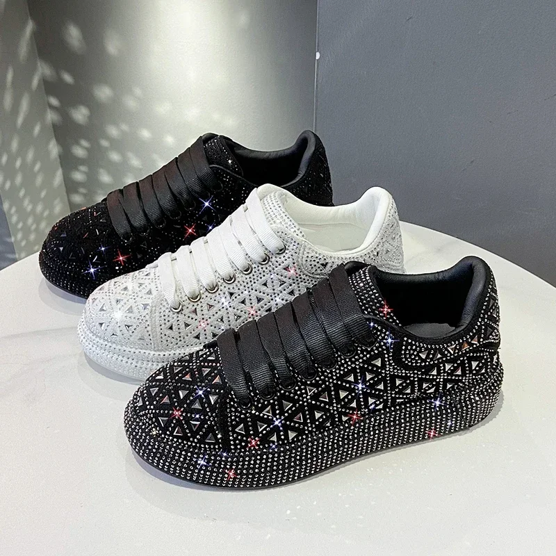 Luxury bling bling Women Platform Crystal Shoes Girls rhinestones Thick-soled White Silver Shining Trend Sneakers Loafers Autumn