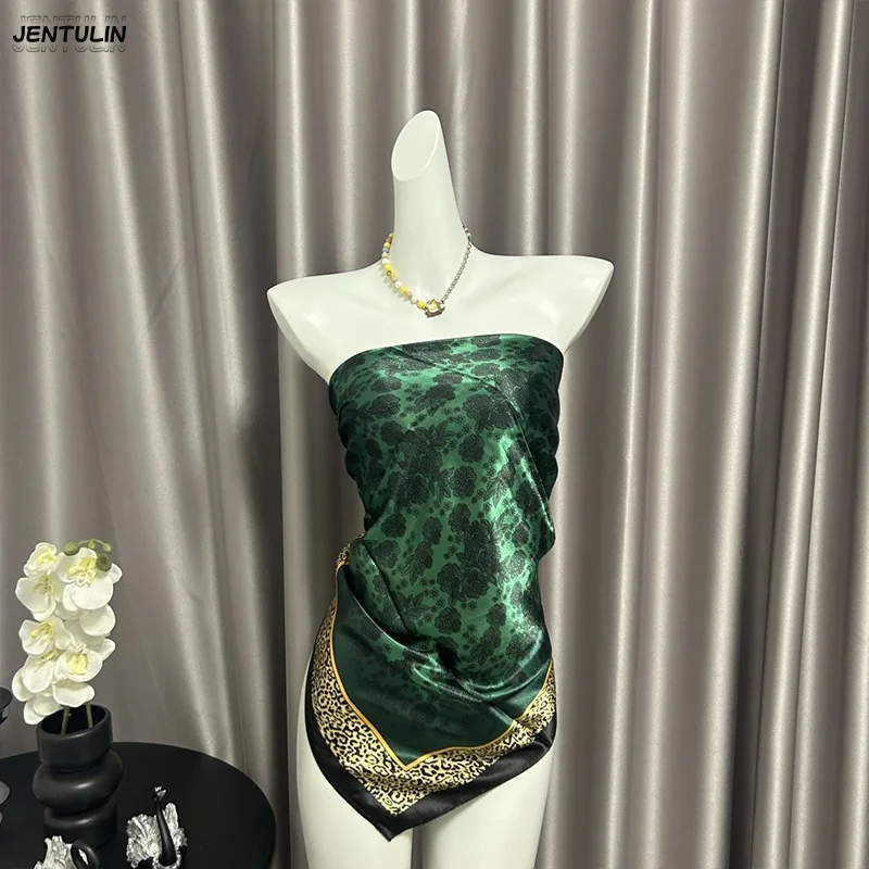 Chaleco sin tirantes de satén irregular de una pieza, color verde oscuro, de alta gama, para verano, nuevo, para vacaciones, ropa de mujer de alta gama