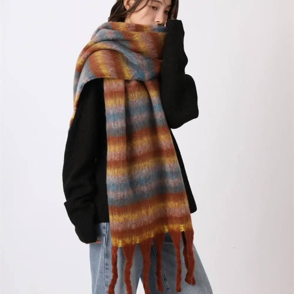 Prosty szal z moheru w kratę, wełniany szal z pluszowymi frędzlami, zimowe szale kaszmirowe, styl koreański, gruby długi szal dla dziewczyn