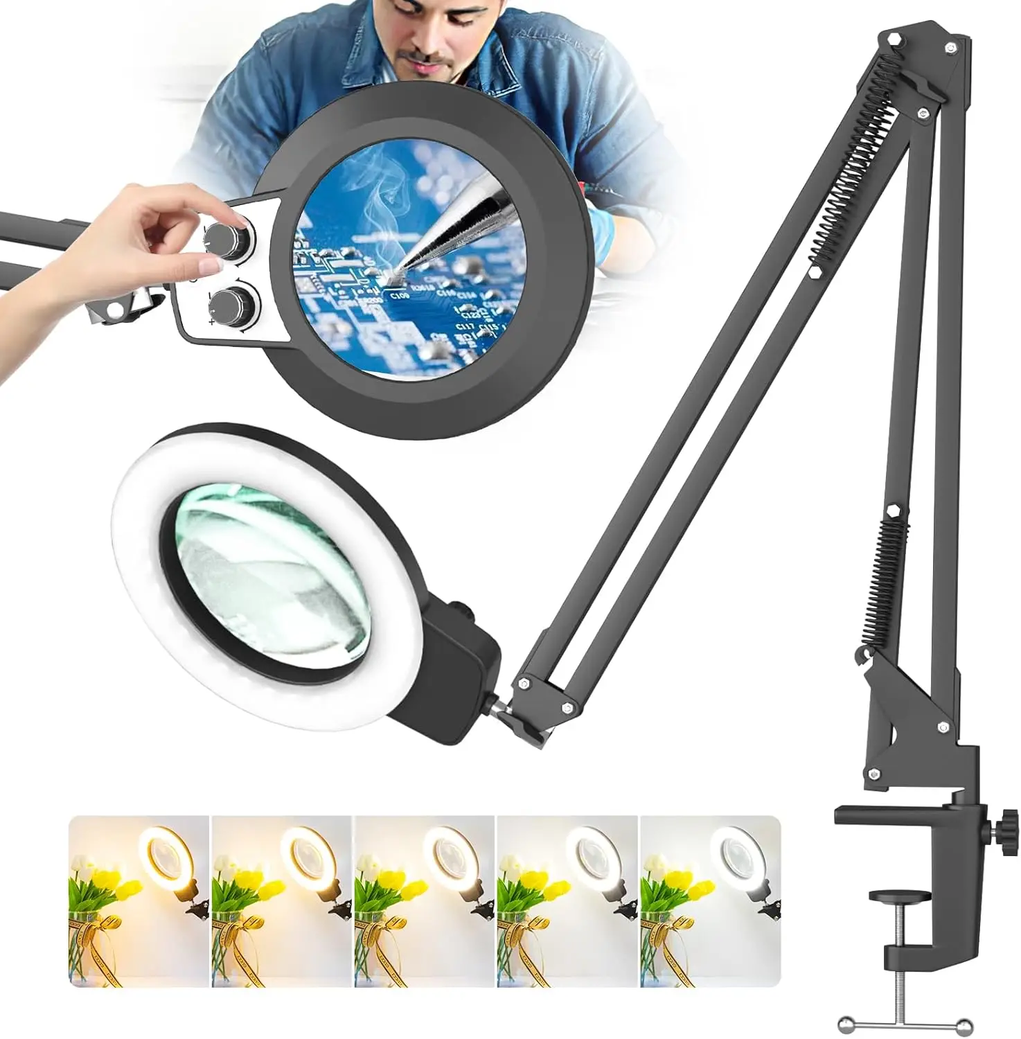 

12X Ultra Long Magnifying Glass with LED Light and Clamp, Hands-Free Adjustable Workbench Light for Reading, Crafting