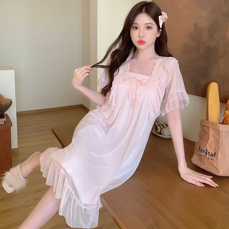 Hot Summer Sweet Lace Princess Short Sleeve Cotton Nightgowns for Women Korean Cute Sleepwear Night Dress Nightdress Home Nighty