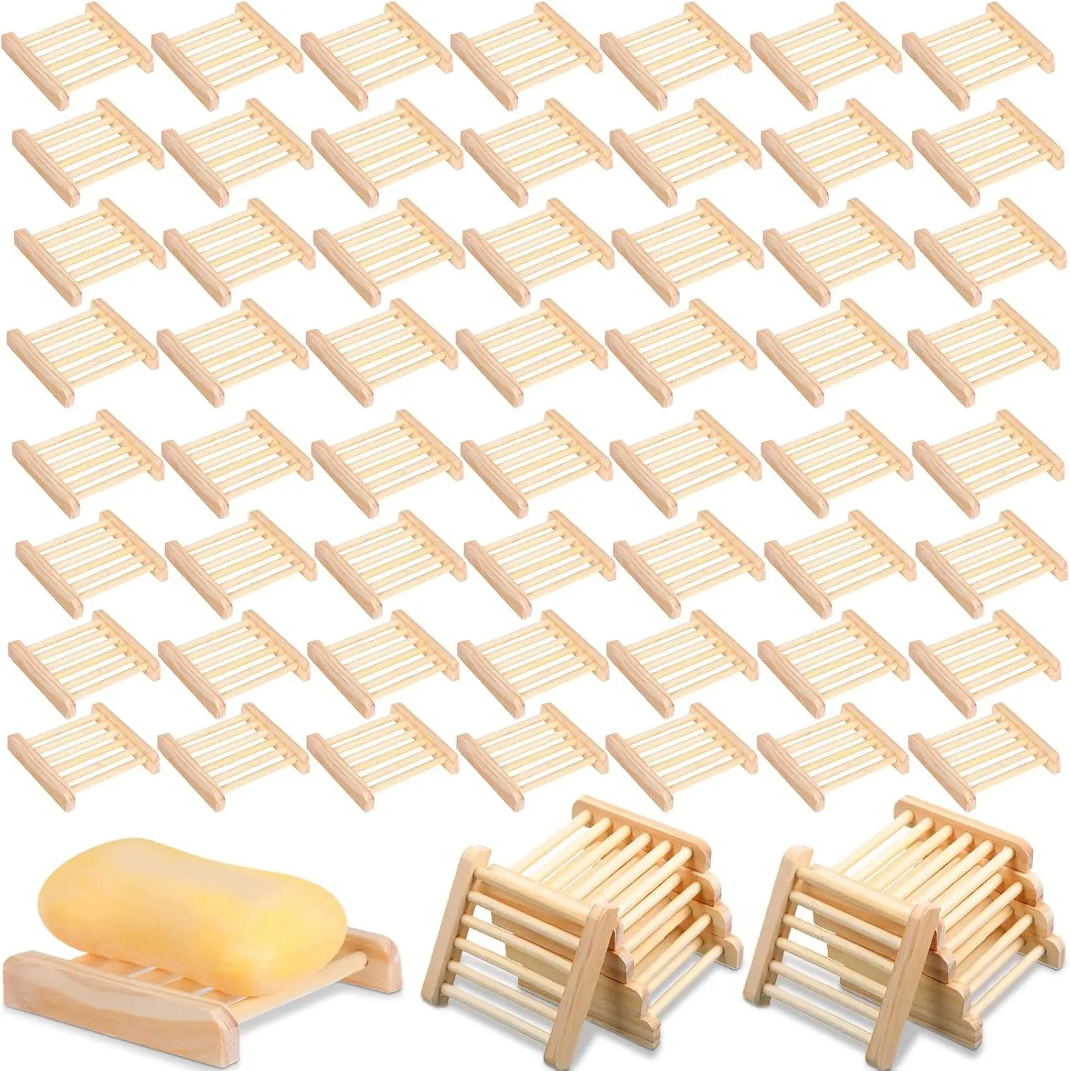 

70 Pcs Bamboo Wood Soap Dish Bulk Bathroom Wooden Soap Holder Savers Self Draining Dishes Handcraft Tray, 3.3 x 3.3 x 0.