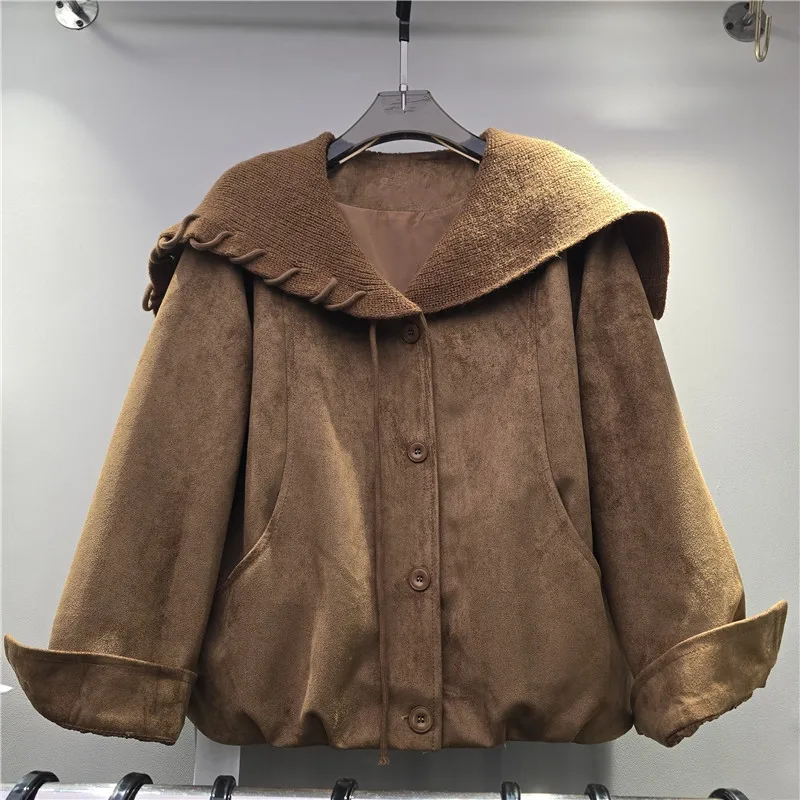 Korean Vintage Knitted Big Lapel Patchwork Faux Suede Coffee Color Short Coat Women Autumn Casual Long Sleeve Female Outerwear