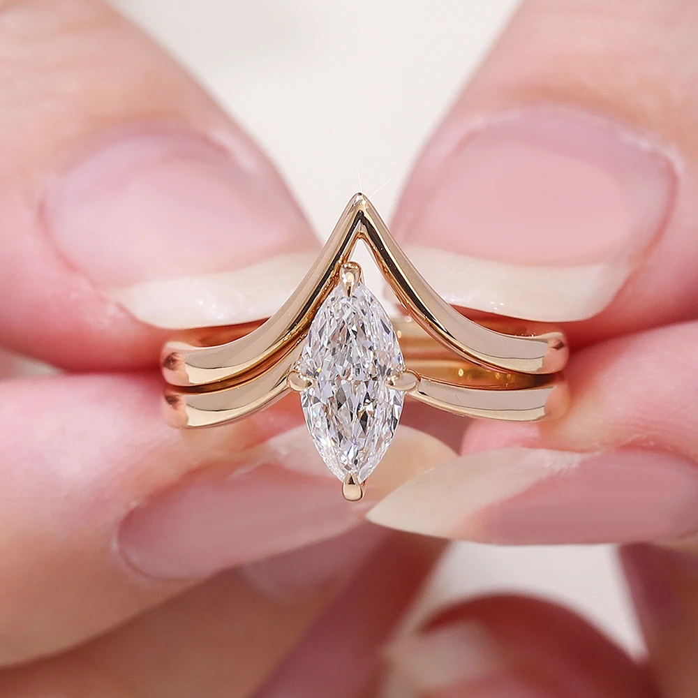 Provence fine jewelry 1CT marquise cut lab diamond engagement ring satckable  solid K gold wedding band classic bridal ring set