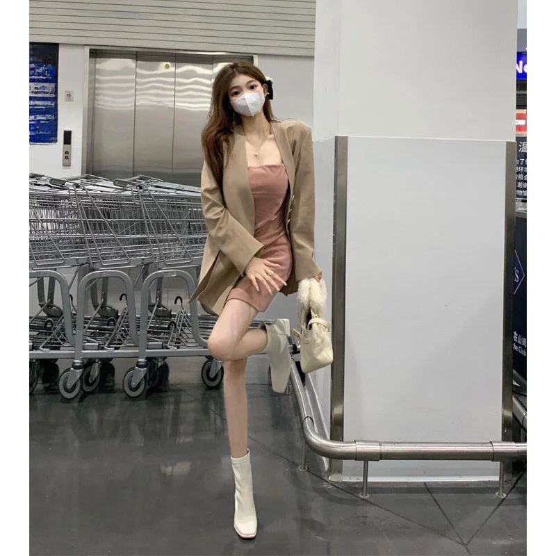 

Autumn New Arrival Camel V-Ne Long Sve Loose Midi Workwear Casual Suit Sweet Cool Sle Pure Color Knitted Jaet