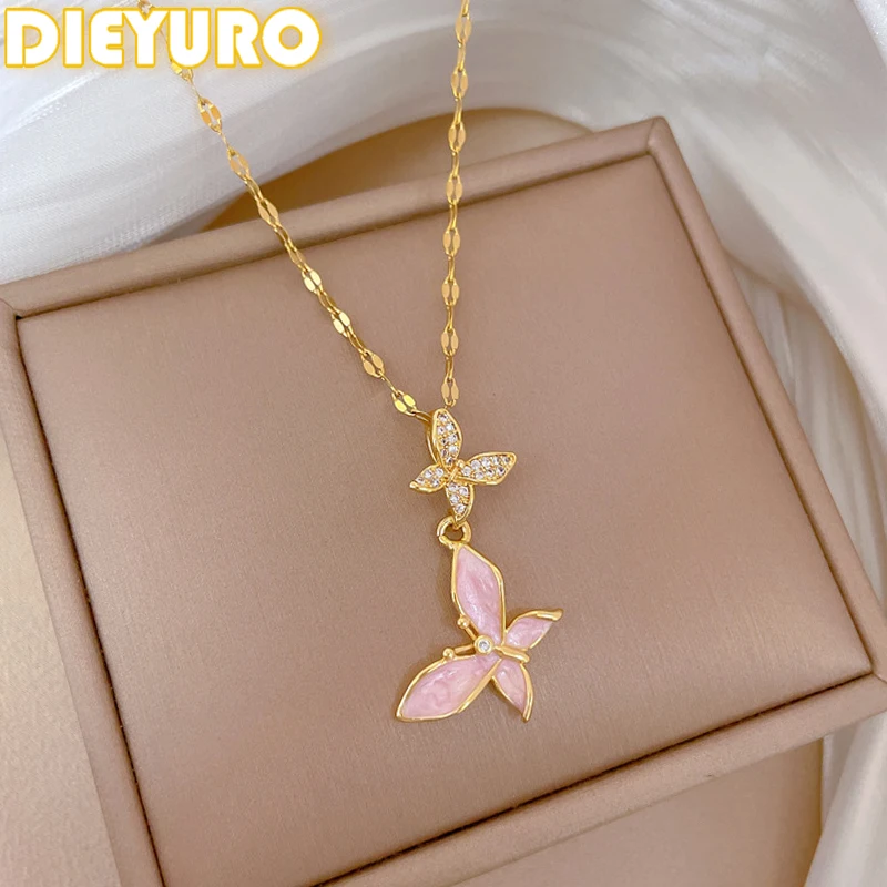 316L Stainless Steell Pink Oil Drip Butterfly Zircon Pendant Necklac For Women Fashion Trend Neck Jewelry Holiday Gift