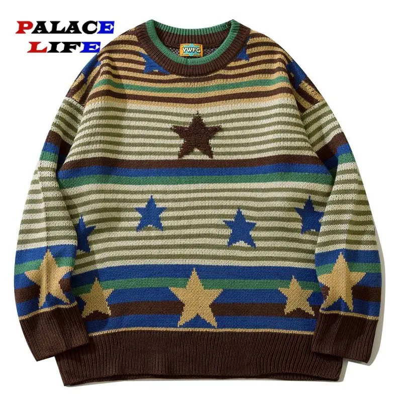 Harajuku Vintage Striped Sweater Men Star Flocking Oversized Knitted Sweaters Autumn Winter Streetwear Couple Pullovers Unisex