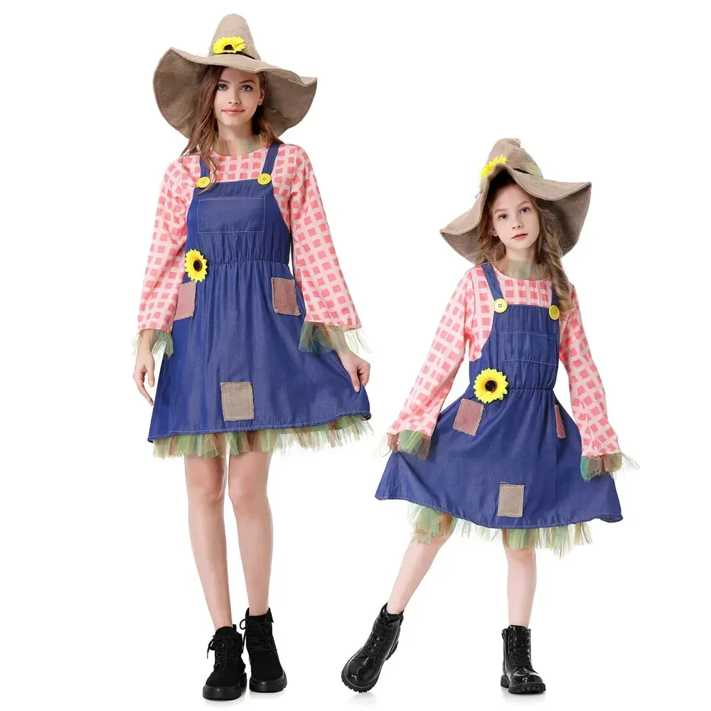 

Halloween Plaid Patch Scarecrow Parent-child Dresses With Hat Scarecrow Cosplay Costume Festival Party Drama Dress Up