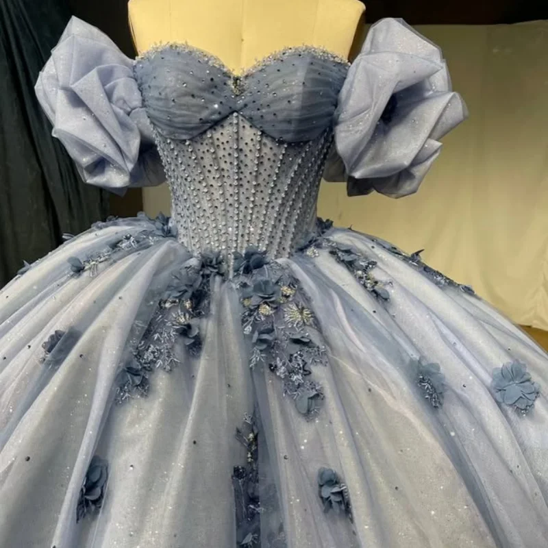 

Shiny Slate BlueQuinceanera Dresses off-shoulder Decal Crystal 3D Flower Glitter Long tail Vestido De 15 Quinceanera Customize