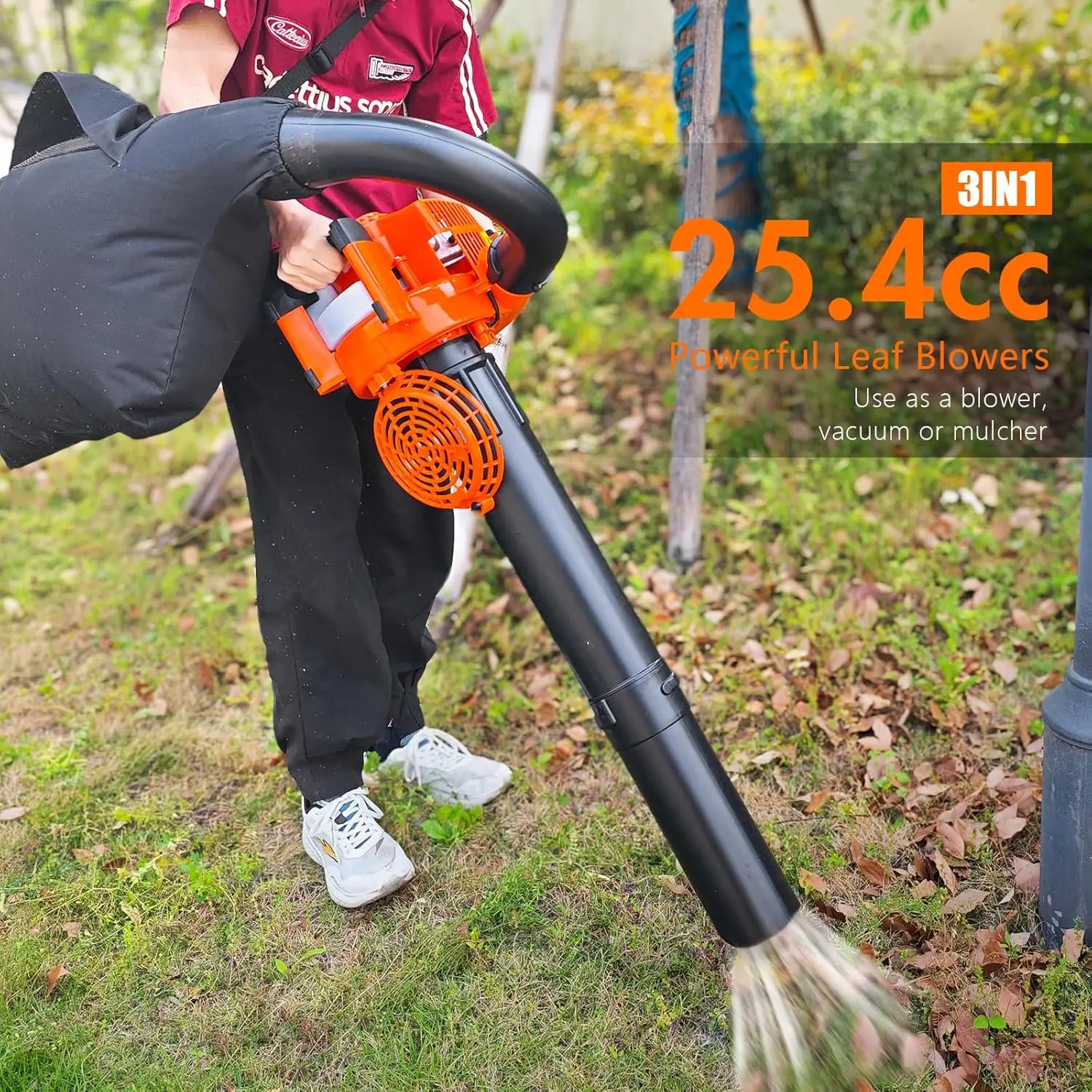 3 in 1 Gas Leaf Blower 2-Cycle Handheld Cordless Leaf Blower with Mulcher and Vacuum Bag, 25.4cc, 432CFM, 180 MPH, Ergonomic