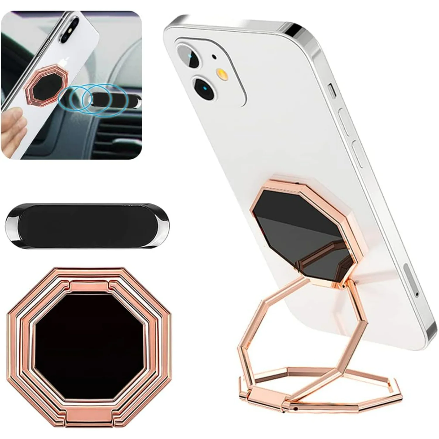 Cell Phone Ring Holder Kickstand, Metal Phone Stand for Smartphones, Foldable Ultra-Thin Design, Rose Gold Color.