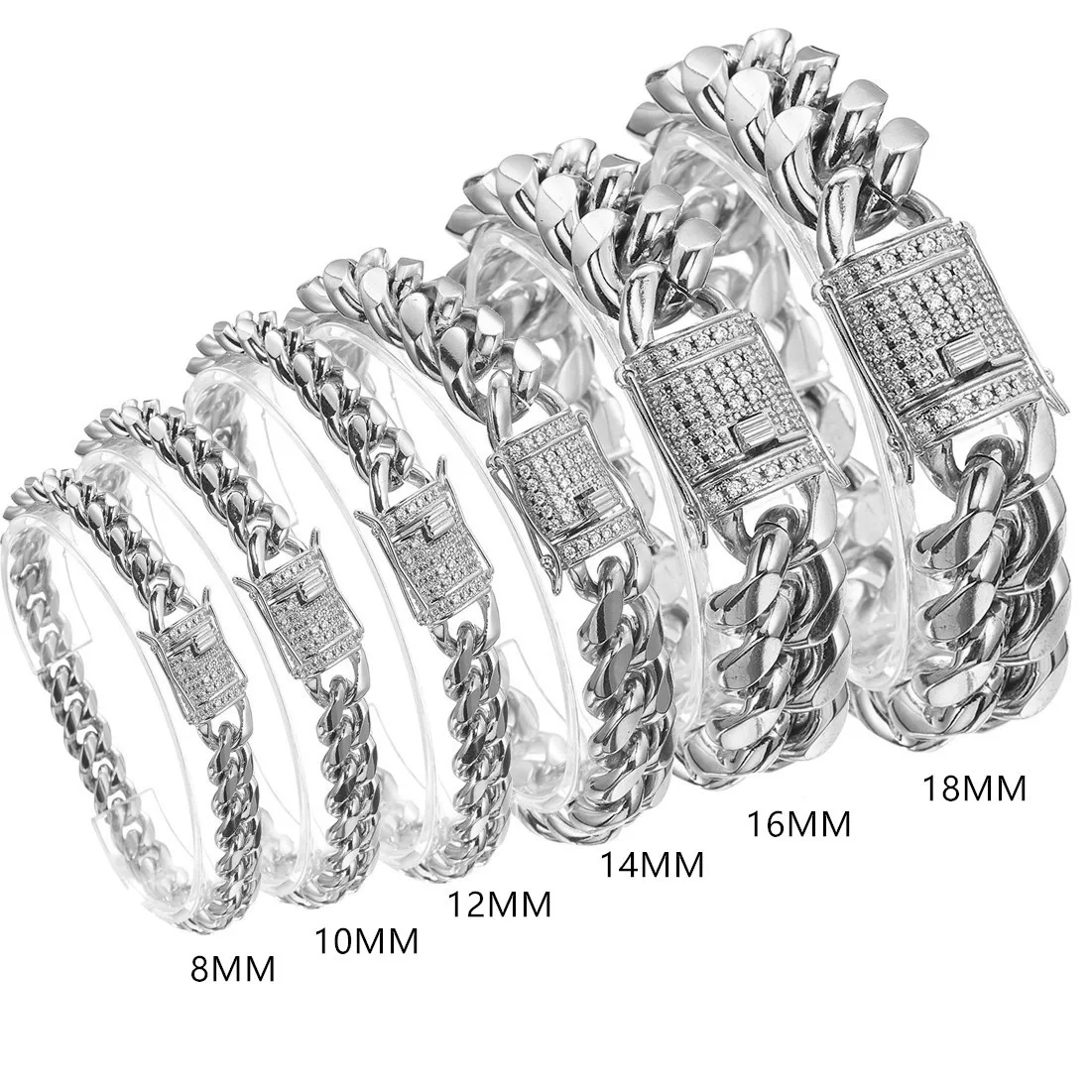 New Arrival Women Mens 8/10/12/14/16/18mm Stainless Steel Miami Curb Cuban Chain Bracelet Crystal Buckle Jewelry Gift