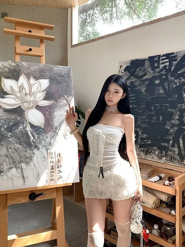 

White Polka Dot Wrap Chest Tank Top And Low Waist Skirt Two Piece Set for Women Summer Slim Fit Sexy Svel Outfit