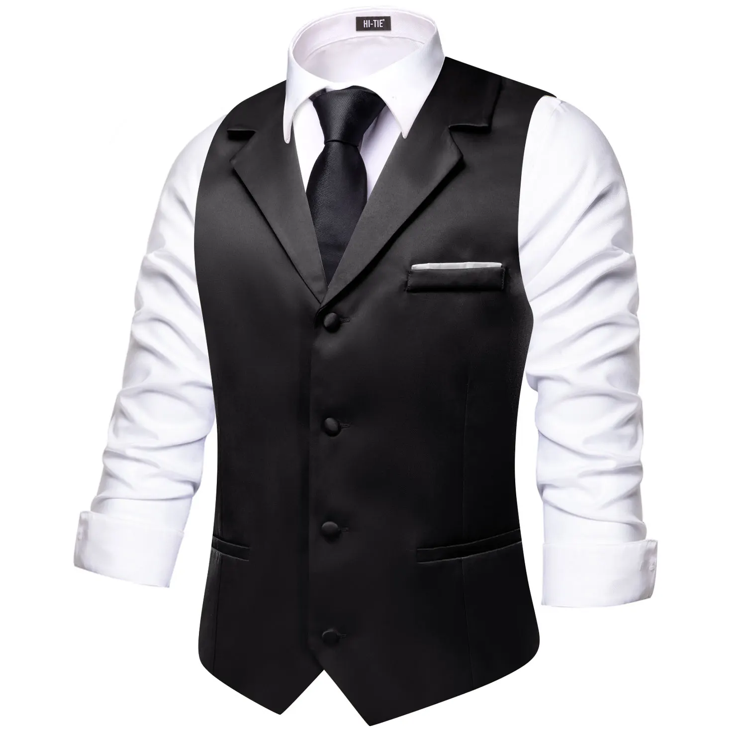 Hi-Tie Black Solid Men Vest With Tie Jacquard Tuxedo Dress V-neck Waistcoat Adjustable Jacket Casual Business Party Fashion