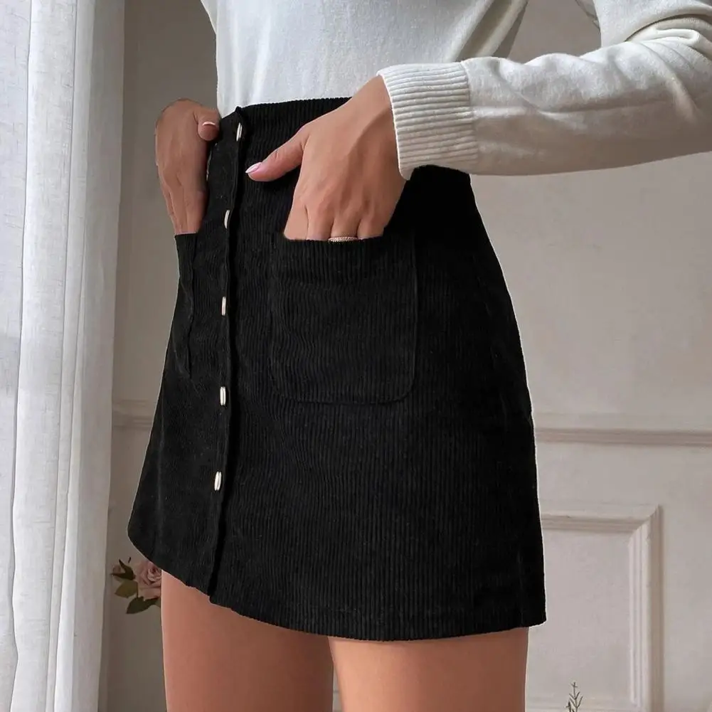 Corduroy Material Mini Skirt Women Button Closure Hip Wrap Single-breasted Slim Above Knee Solid Color Skirt Streetwear