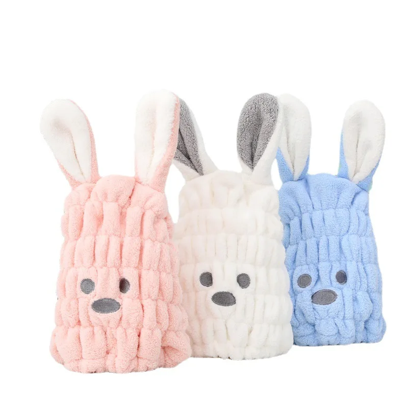 

Coral Fleece Hair Drying Towel Hat - Super Absorbent Quick Dry, Cute Rabbit Ears & Drawing for Baby, Child, Girls & Women