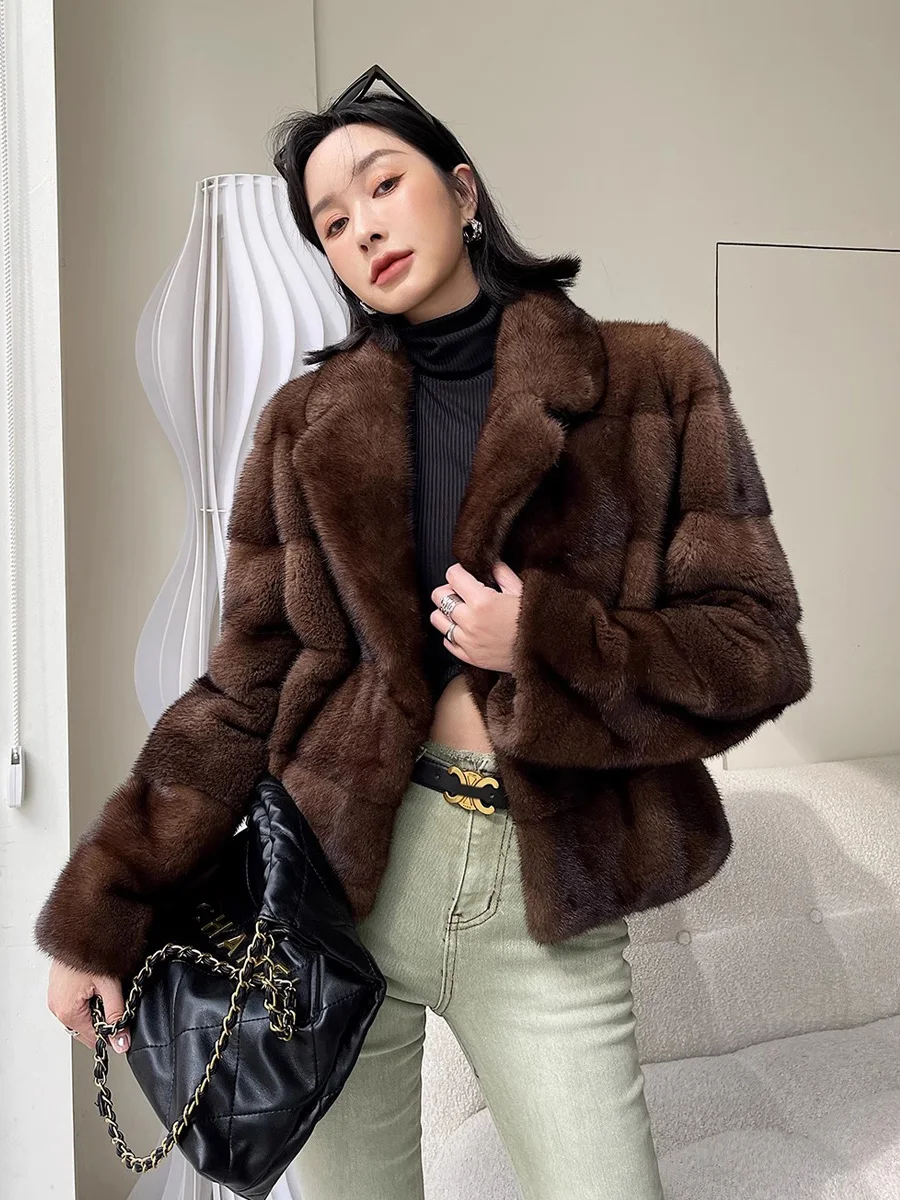 HDHOHR 2025 신상 100% 리얼 밍크 퍼 코트 여성 패션 필수템 천연 밍크 코트 따뜻한 숏 가죽 아우터 겨울 퍼 재킷