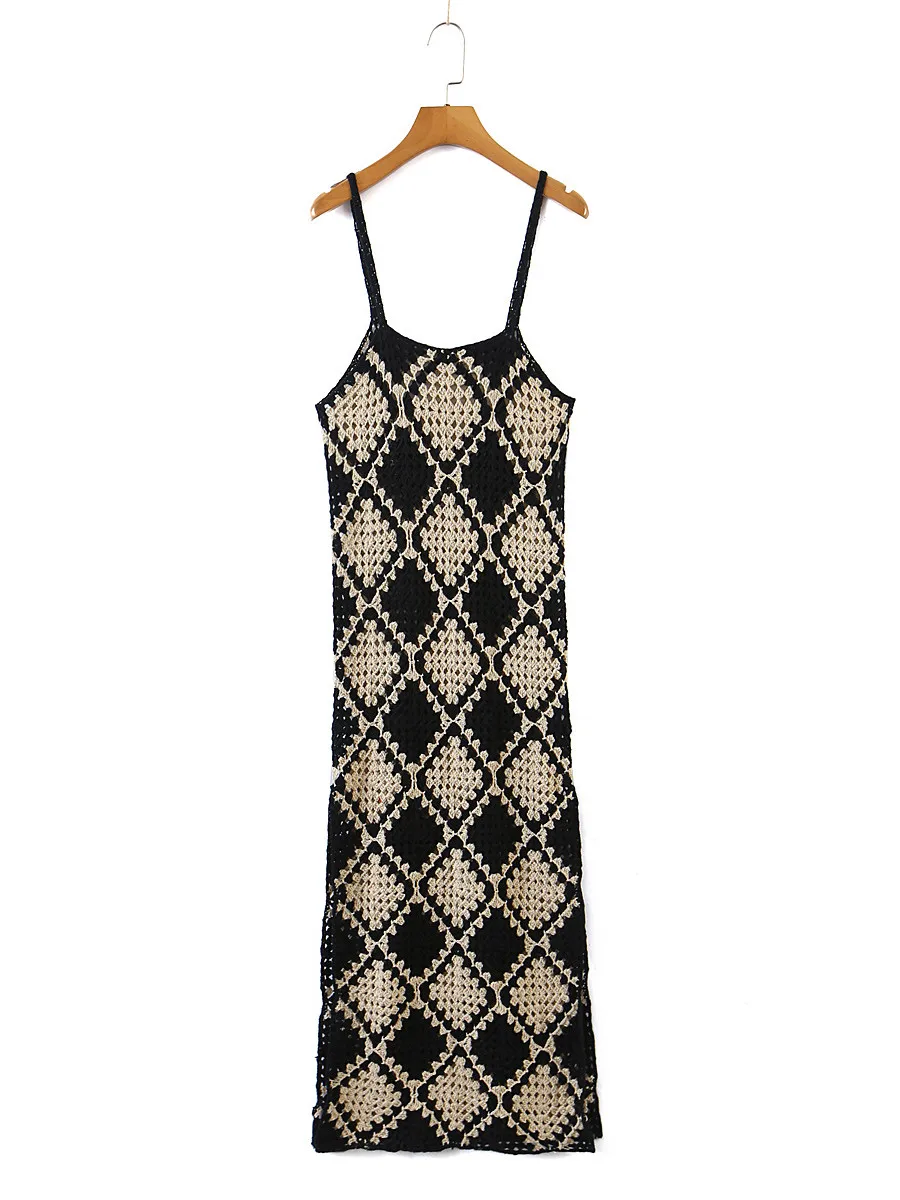 Ethnic BOHO Summer Handmade Black Beige Plaid Crochet Sling Dress Holiday Women O neck Backless Spaghetti Strap Midi Robe Beach