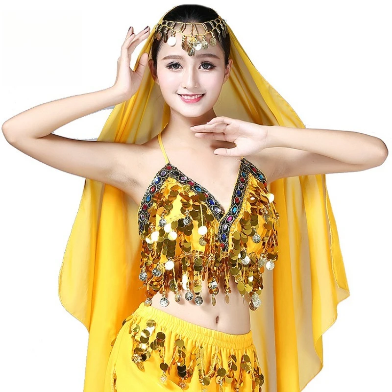 Ladies Belly Dance Bra Top Colorful Sequins Fringe V-Neck Spaghetti Strap Mesh Base Stage Performance Costume