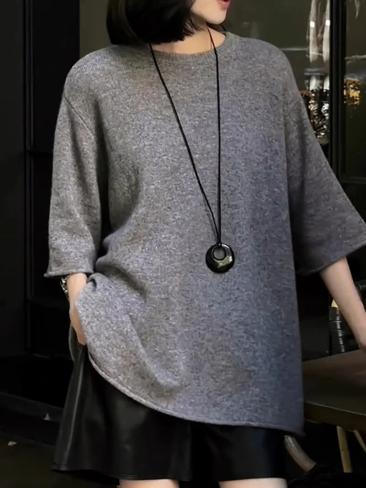 

Korean Sle Faionable Commuter Five-Quarter Sve Knitwear round Ne Pullover Women's Top Versatile Lazy Sle Spring 2025