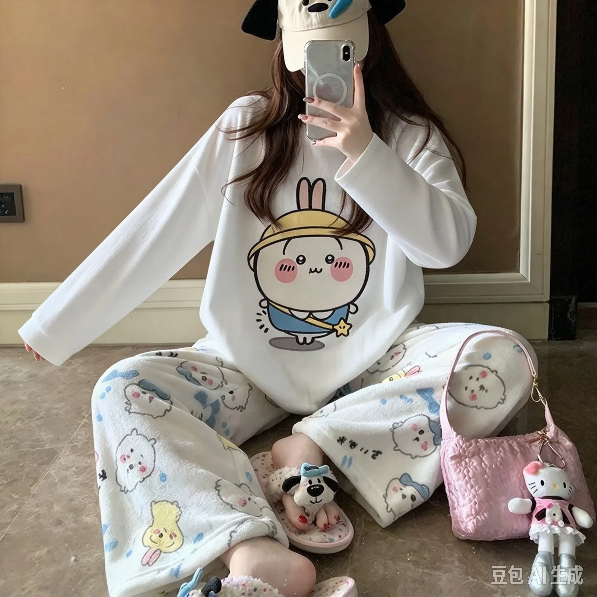 Cute Anime Usagi Pajamas Set Fleece Top Allover Cartoon Print Trousers Ladies Cozy Warm Flannel Home Sleepwear Family Matching
