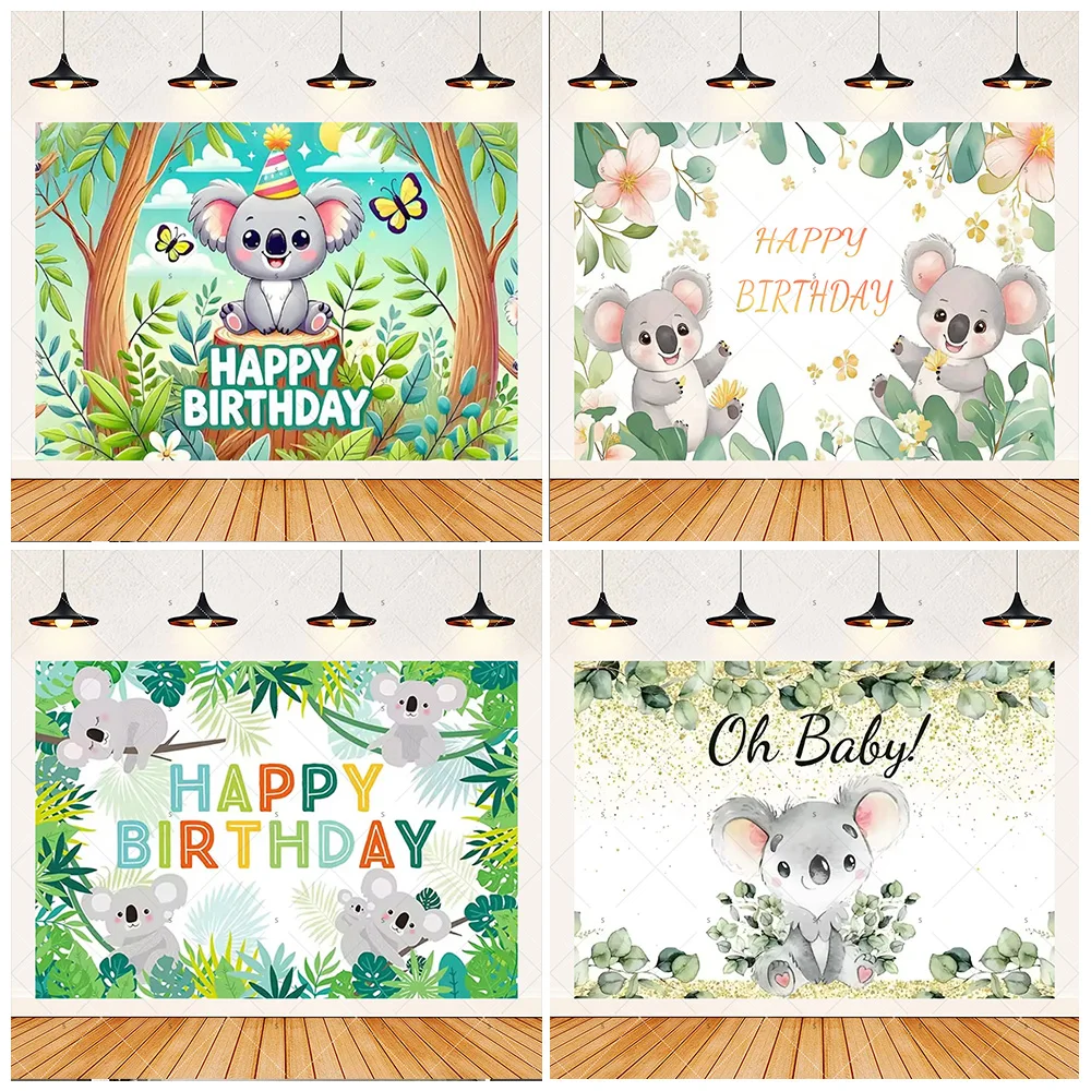 

Cartoon Koala Backdrop Supplies Kids Birthday Party Decoration Koala Tropical Green Leaf Background Baby Shower Photography Prop